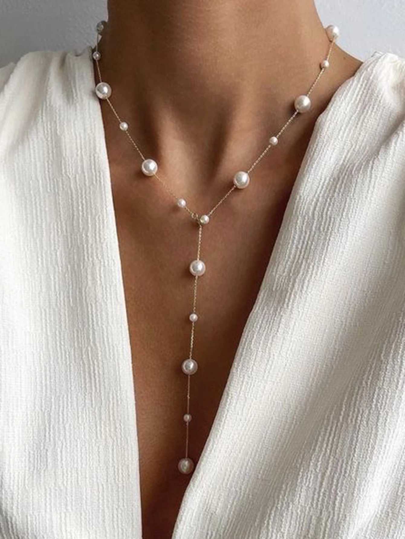 Elegant Womens Fashionable Long Chain Imitation Pearl Adjustable Y-shaped Necklace Banquet Jewelry Accessories Y250805
