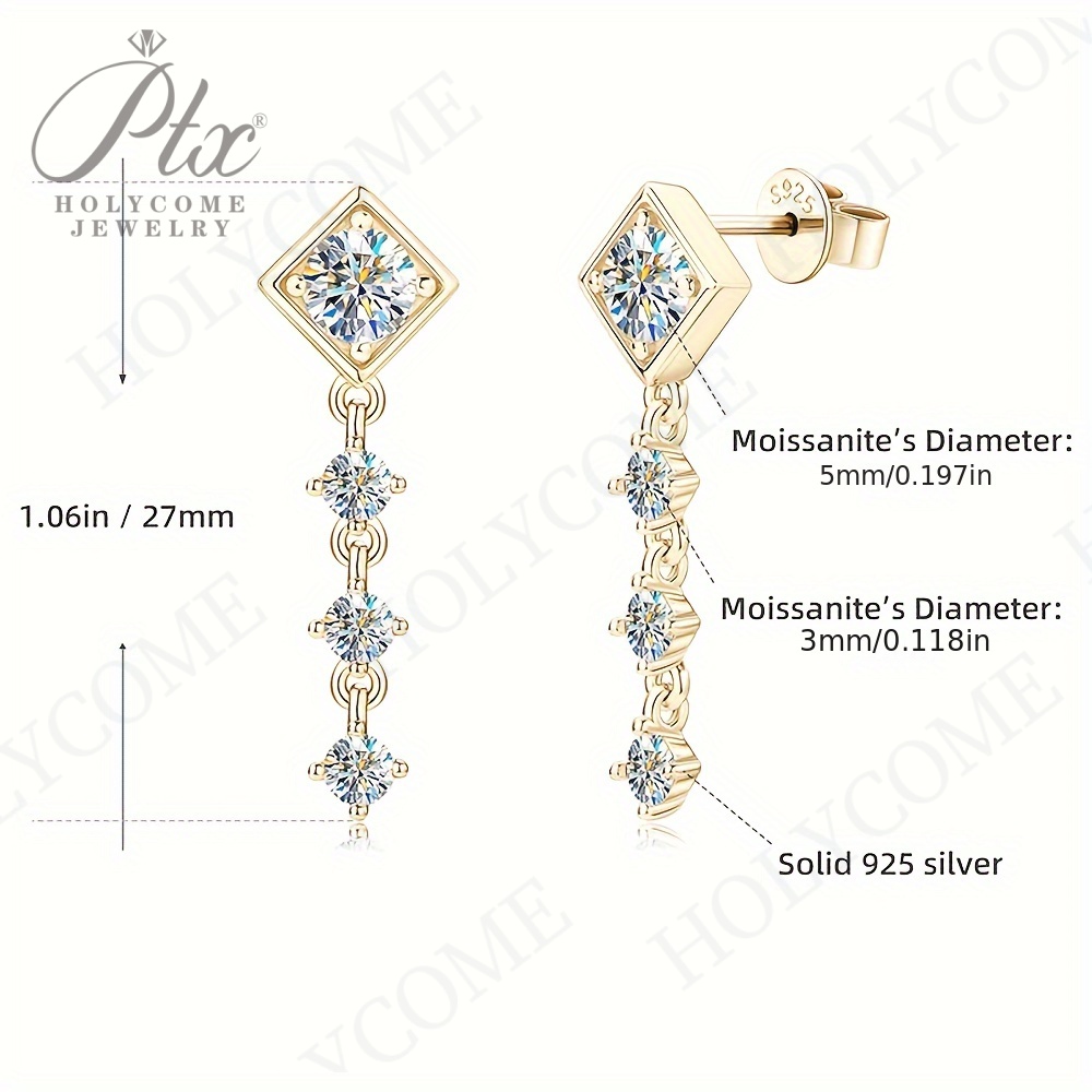 Rhombus Round Full D Moissanite Drop Stud Earrings for Women Real 925 Sterling Silver Original High Quality Fine Jewelry Trend Accessories Anniversary