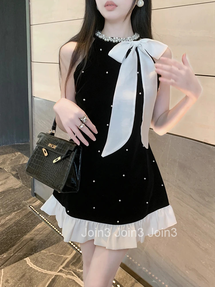 Elegant Dresses Women Sweet Fashion Bow Halter Beaded Vintage French Style Chic Sexy Mini Dress Patchwork Female