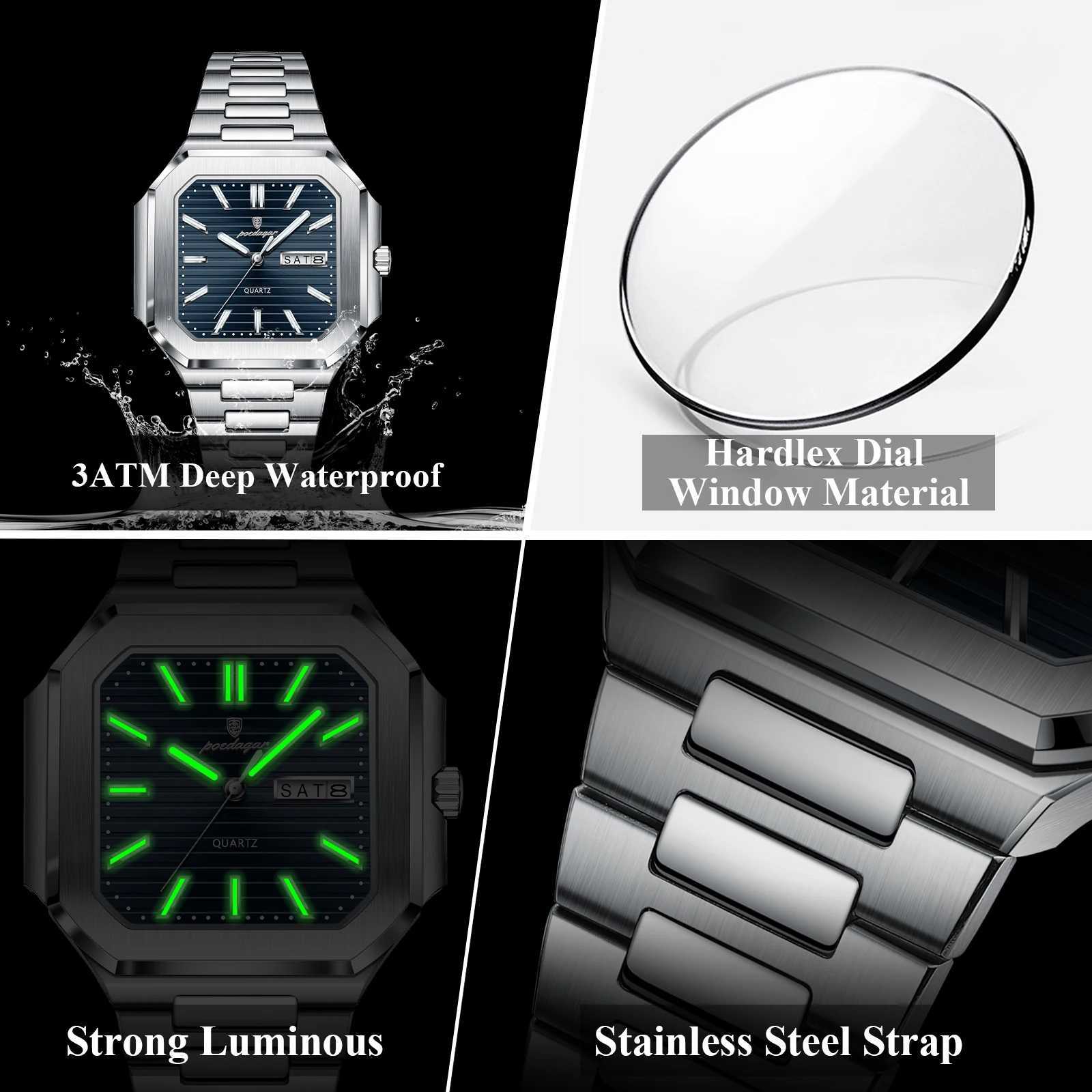 POEDAGAR Luxury Square Fashion Mens Wrist Waterproof Luminous Date Week Quartz Mens Stainless Steel Watch W250806