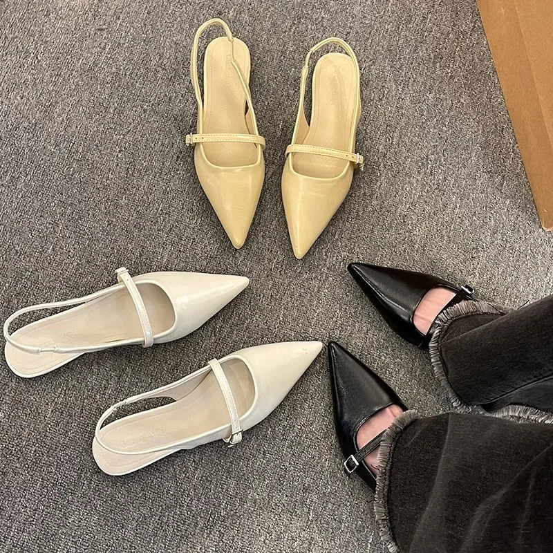 French Flat Black Baotou Sandals Fairy Shoes 2025 Spring and Summer Pointy Diamond Temperament Single Shoes Zapatos De Mujer 250731