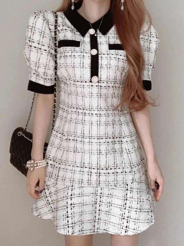 OCEANLOVE Spring Summer Women Dresses Plaid Vintage Korean Chic Office Lady Vestidos Ruffles Short Sleeve Elegant Mini Dress