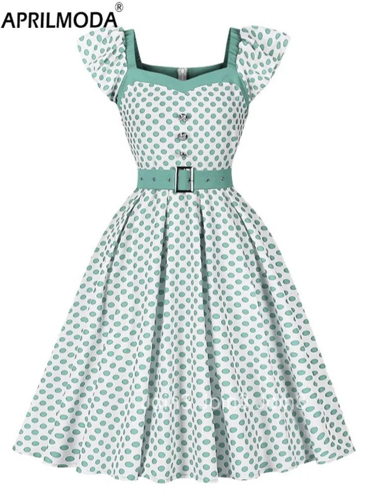 Peter Pan Collar Kawaii Vintage Swing A Line Casual Dress for Summer Polka Dot Print Patchwork Elegant Office Wear Holiday Dress