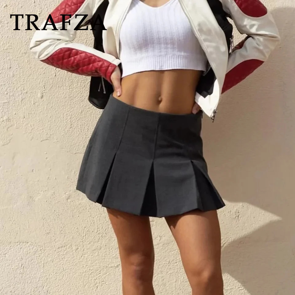 TRAFZA 2025 Spring Summer Women Casual Tierred Mini Skirts Fashion Vintage Solid High Wasit Ruffles Pleated Sexy Shorts Skirts 250806