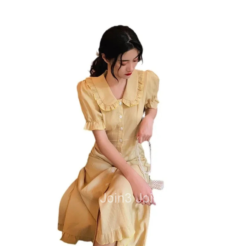 French Vintage Unique Womens Dress Baby Collar Mid-Length Korean Style Slimming Waist Summer Long Skirt Elegant Gown