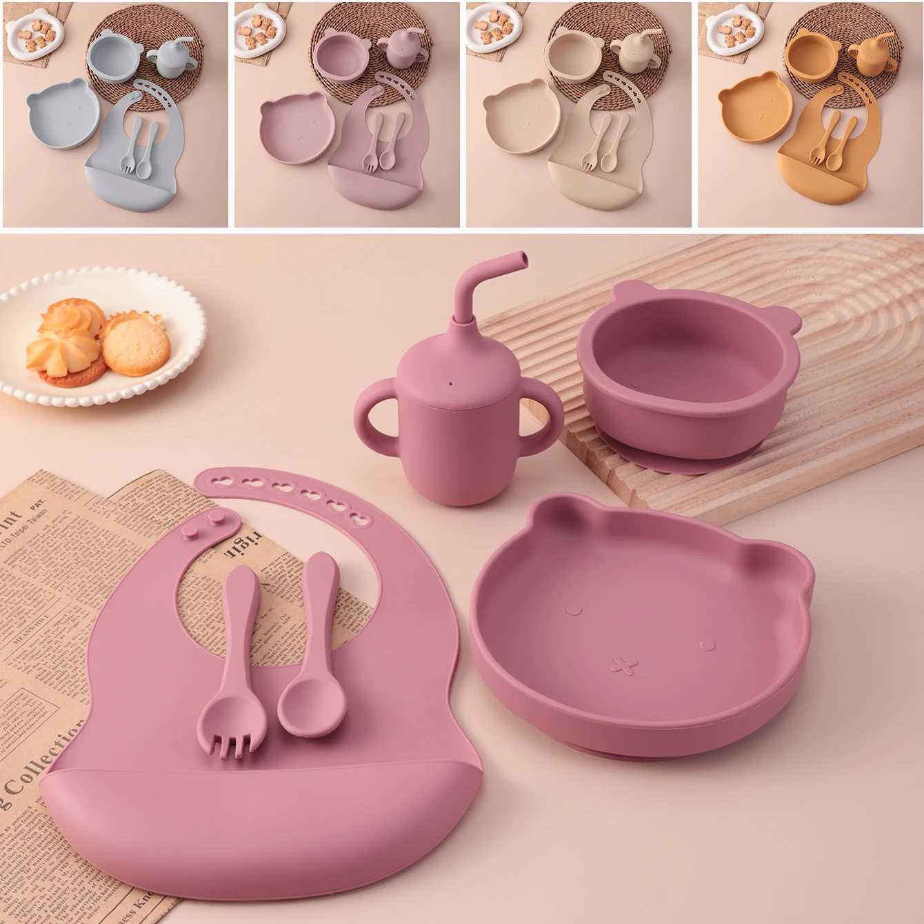 6PCS Color Kids Cartoon Bear Silicone Feeding Set Suction Bowl Dishes Plate Bib Portable Cup Utensils Infant Self Feeding X250806