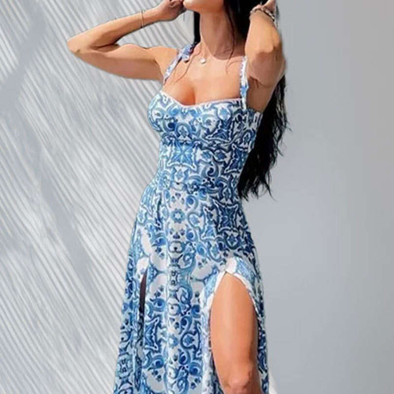 Summer New Standing Printed Split Slim Sexy Strap Dress B5