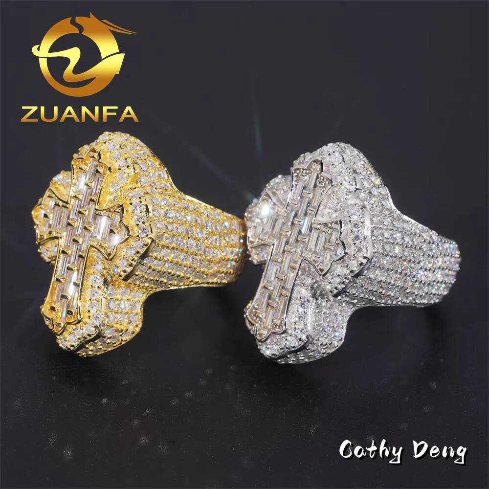 Hot Sale Instock Iced Out Cross Moissanite Diamond Rings 925 Sterling Silver Hip Hop Ring Pass Diamond Tester Men Cuban Ring