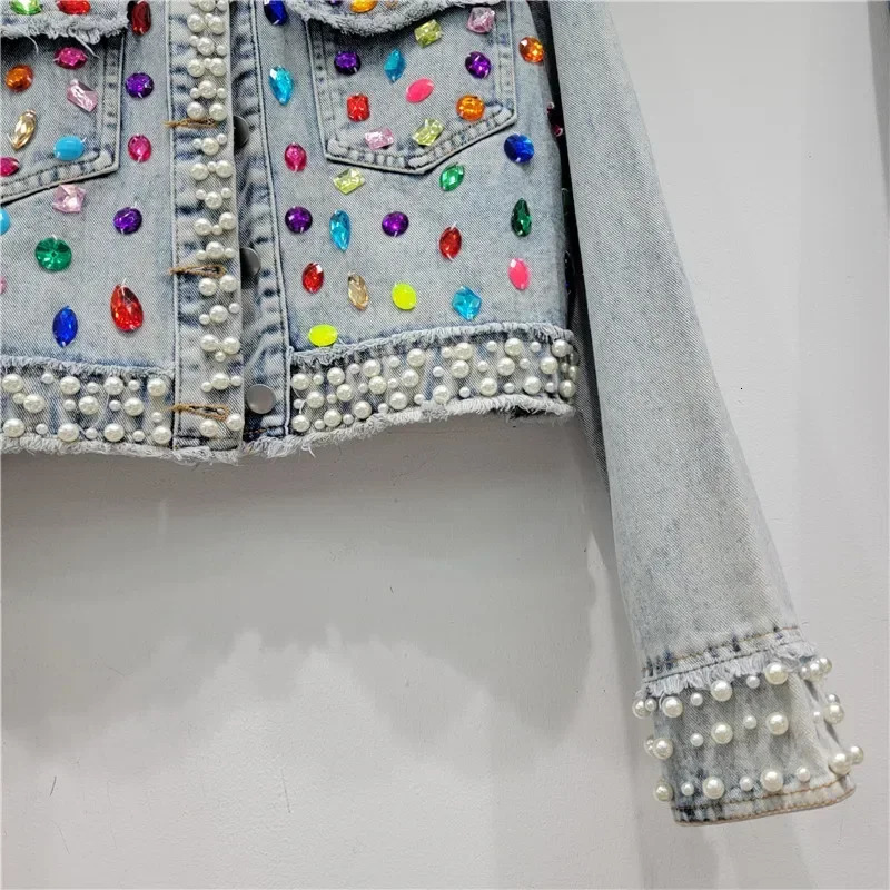 Spring Autumn Women Rainbow Diamonds Pearls Beaded Denim Jacket Rhinestones Rivets Short Jeans Cowboy Cardigan Sequined Outwear 250804
