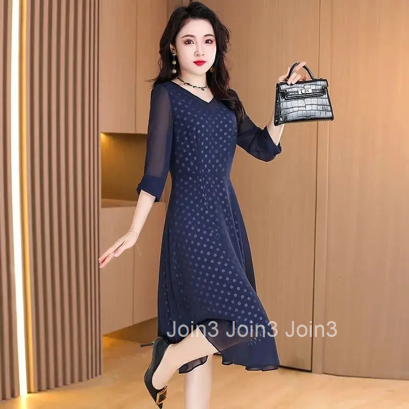 Elegant V-Neck Printed Spliced Chiffon Polka Dot Midi Dress Womens Clothing Spring Summer New Loose Chic Ladies Dresses