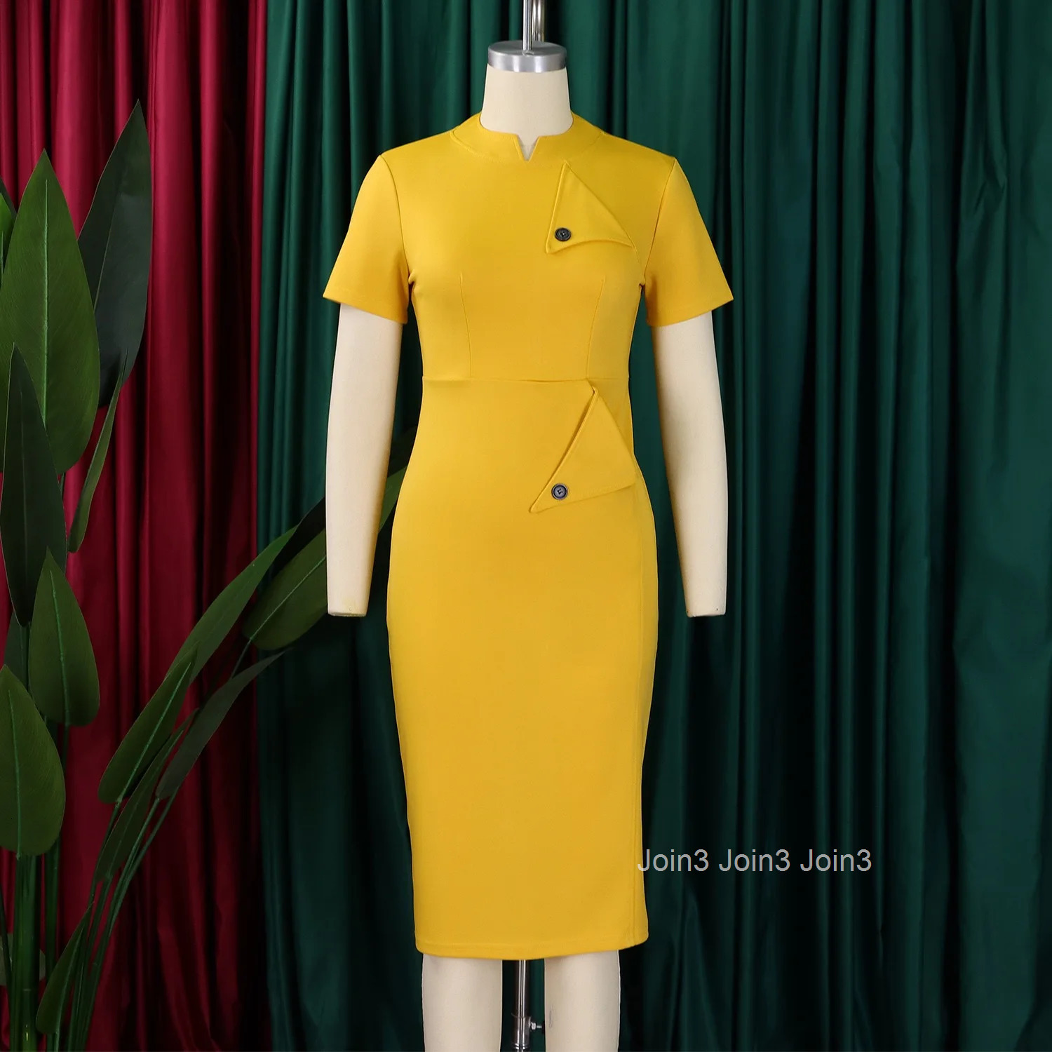 Elegant Office Dresses for Women O Neck Short Sleeve Buttons Sheath Package Hips Mid Calf Professional Business Work Wear Dress