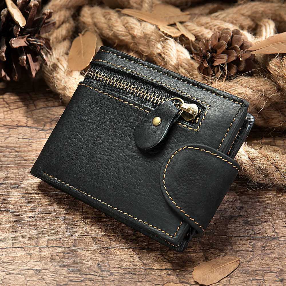 Mens Crazy Horse Leather Short Wallet Genuine Leather Buckle Wallet Vintage Top Layer Cowhide Card Holder Multi-Card Wallet XJ250806
