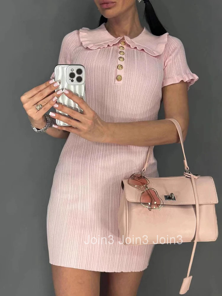 High Waist Ruffled Mini Dresses For Women Summer Short Sleeve Knitted Slim Fit Dress Womens Vintage Dress Woman Elegant