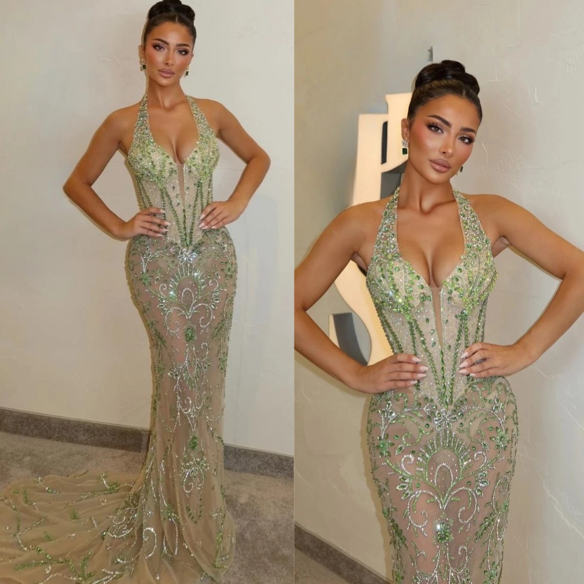 Sexy Halter Crystal Mermaid Evening Gown Elegant Sleeveless Beaded Lace Prom Dress Illusion Sweep Train Party Gown Customized