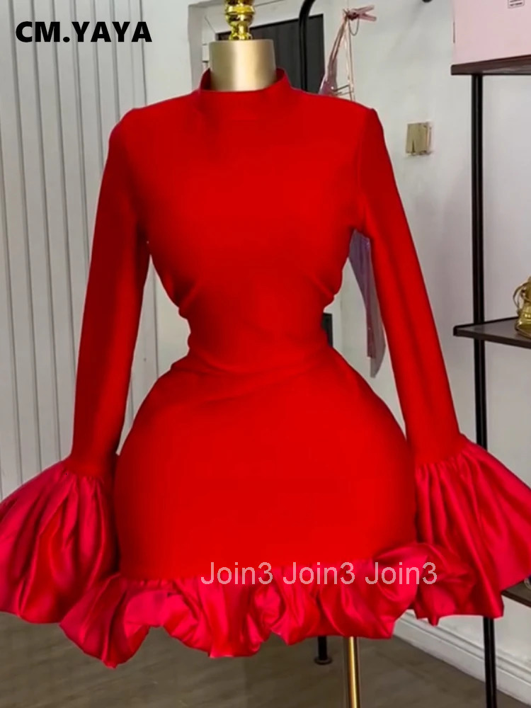 CM.YAYA Women O-neck Long Flare Sleeve Ruffles Mini Dress Spring Sweet Sexy Birthday Evening Night Party Vestidos Dresses