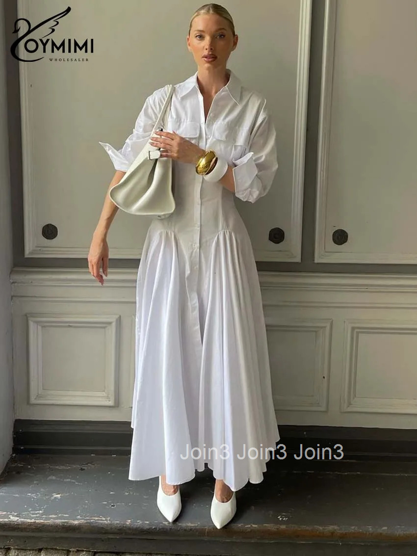 Elegant White Lapel Womens Dress Fashion Three Quarter Sleeve Pockets Dresses Casual Button Pleated Ankle-Length Dresses