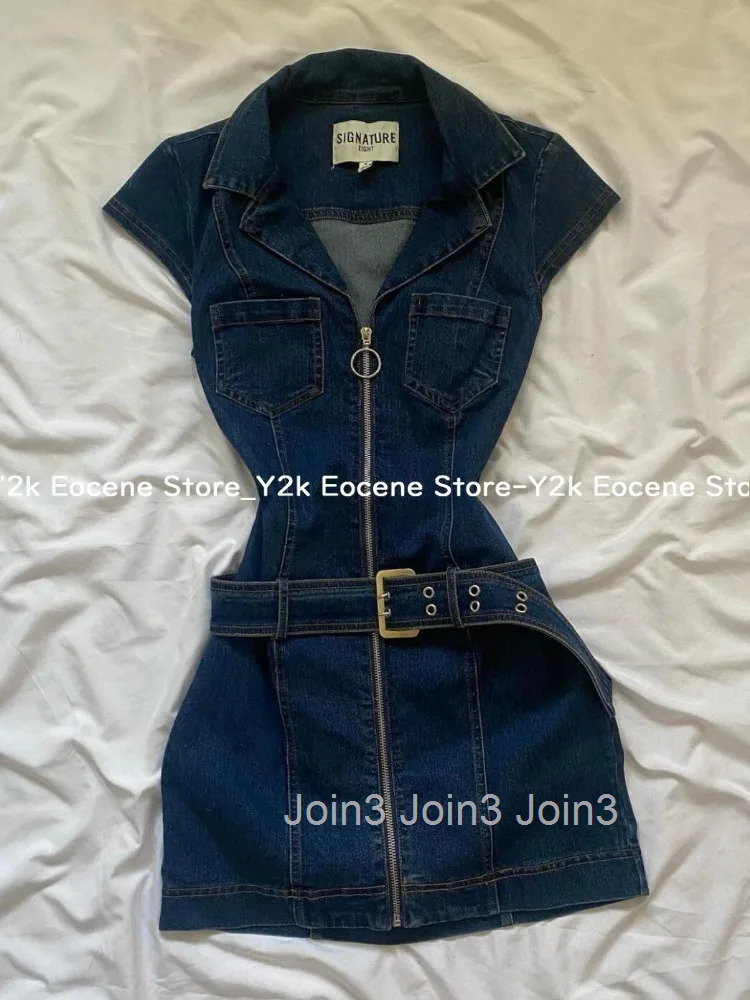 American Retro Black Denim Short Dress Women Summer Zipper Elegant Slim One Piece Dress Korean Fashion Design Casual Clothing