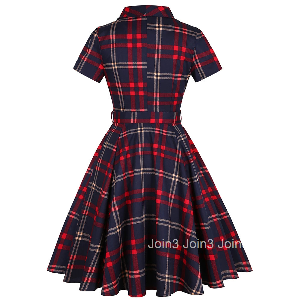 Spring Summer Retro Vintage Women Dress Plaid Printed England Style Large Size Shirt Sundress 50s 60s Pinup Swing Casual Dresses
