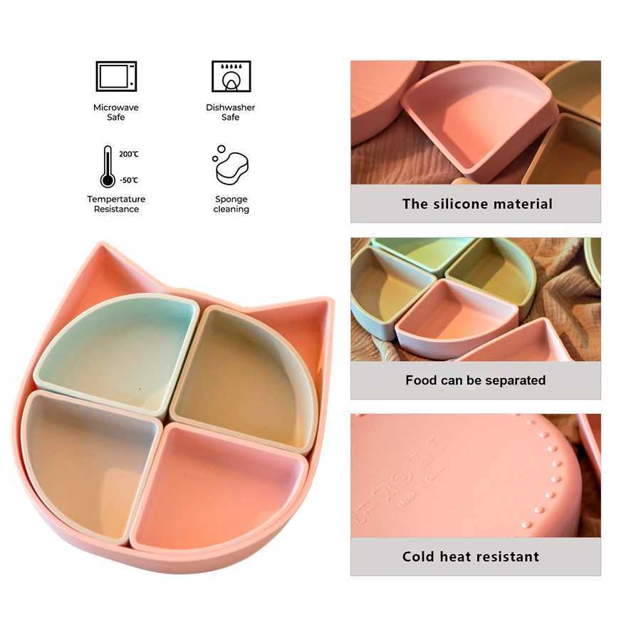 2024 New Baby Tableware Cat Plate Four-compartment Small Bowl Waterproof Soft Silicone Cartoon Cat Suction Plate Custom Free X250806