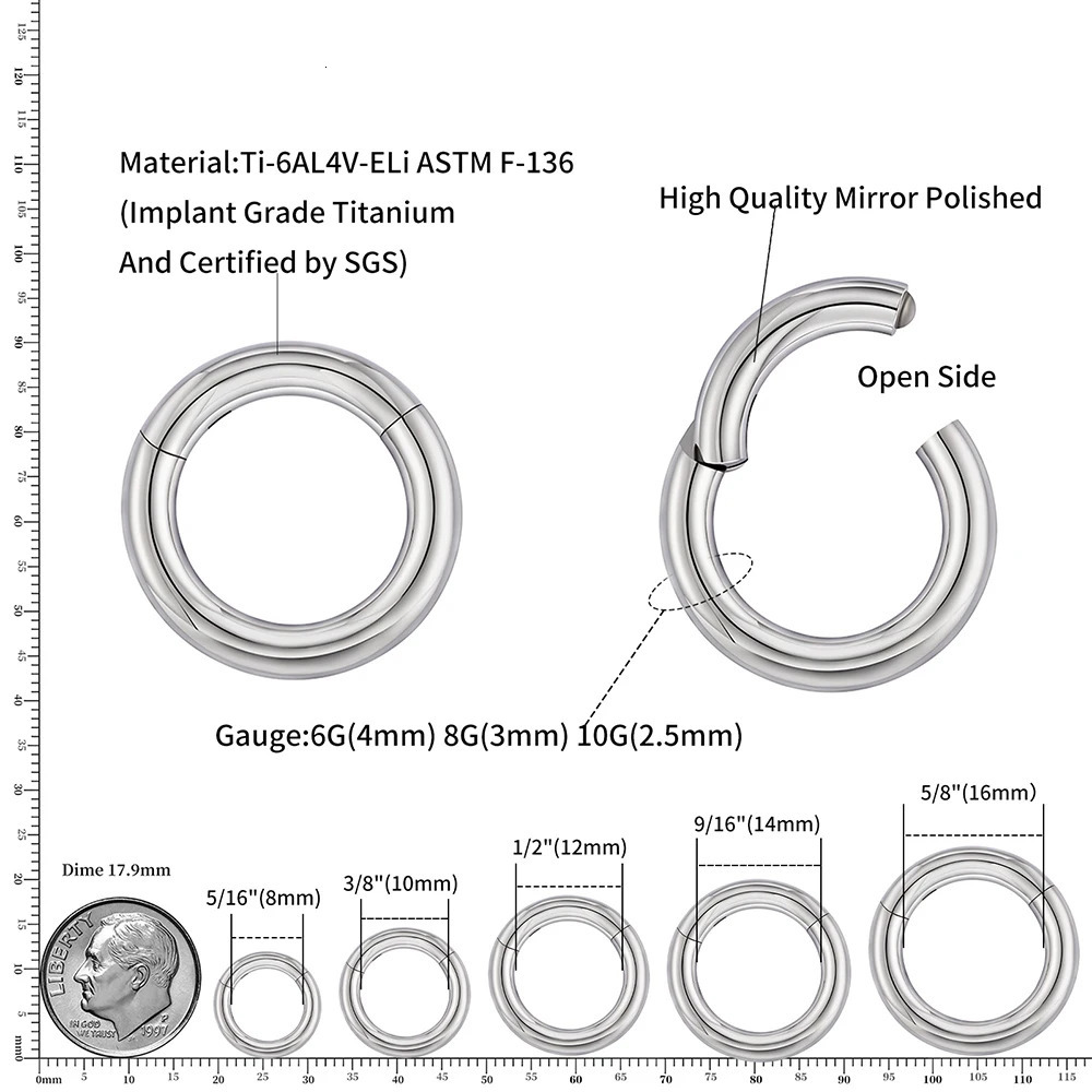 Right Grand ASTM 36 Large Gauge 6G 8G 10G Single Hinged Clicker Segment Hoop Ring Septum Nose Piercing 250805