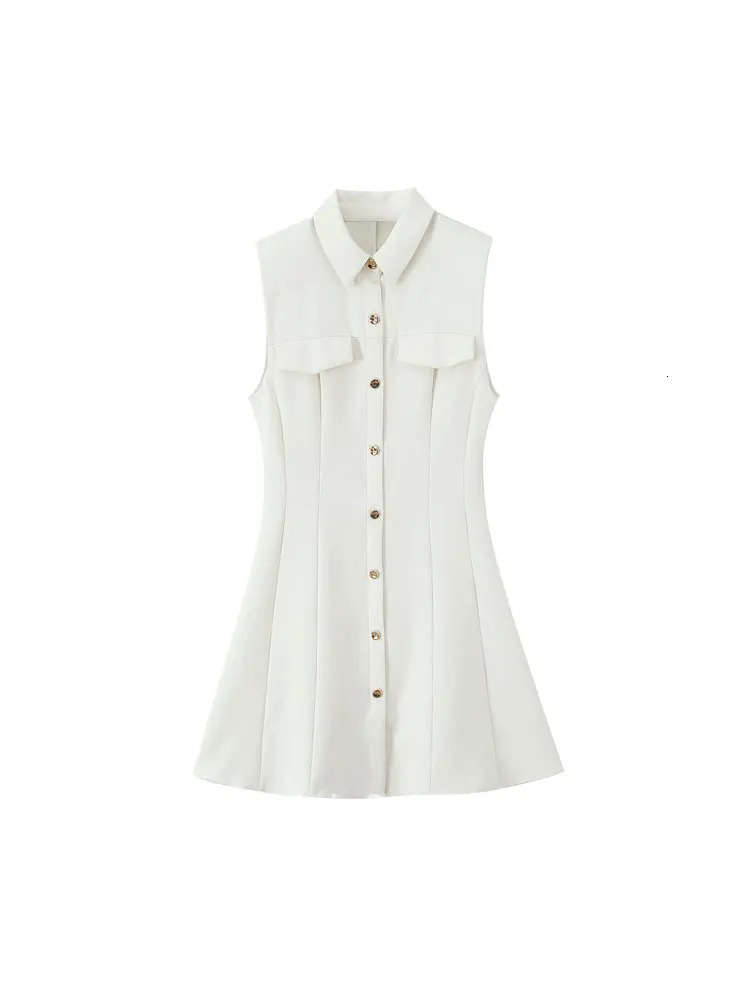 TRZA Women Fashion With Flaps Front Button Mini Dress Lapel Collar Sleeveless Female Dresses Vestidos Mujer