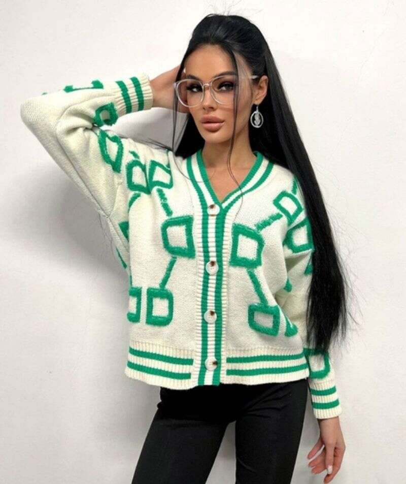 Women's Clothing Casual Color Contrast Letter Breasted Long Sleeved Knitted Sweater Cardigan Jacket