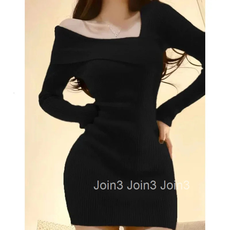 Knitted Dress Women Autumn Winter Long Sleeved Sexy Off Shoulder Stretch Sweater Solid Elegant Skinny Chic Korean Lady Dress