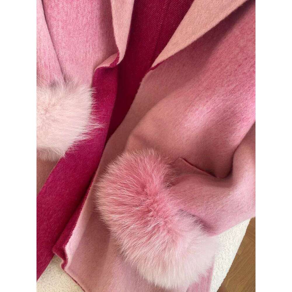 2025 Winter Jacket Women Real Natural Fox Fur Cuffs Wool Blends Gradient Color Thick Warm Fashion Outerwear Streetwear 250806