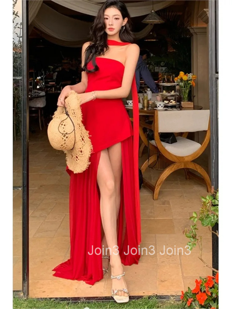 Elegant Solid Pleated Maxi Dress Women Sexy Sleeveless Off Shoulder High Slit Spliced Scarf Slim Fit Dresses New Party Wear