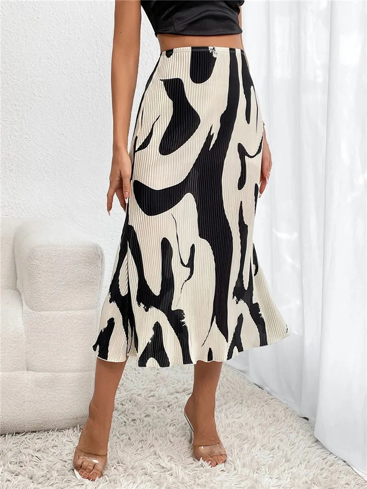 Dressy Casual Graphic Print Pleated Long Skirts Women Autumn Fashion Elastic High Waist Geometry Midi Skirt Streetwear 250806