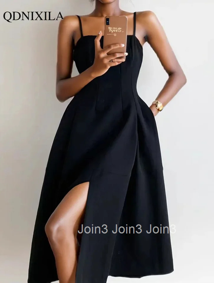 Elegant French Black Spaghetti Strap Dress Audrey Hepburn Style High Waist Slit Midi Dress for Women Sexy Summer Party Outfit