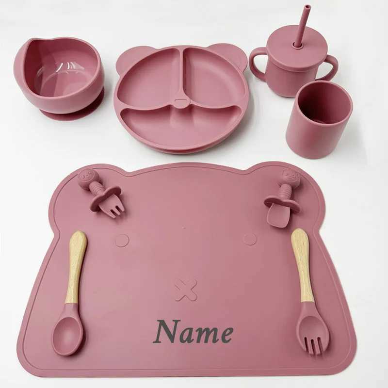9Pcs Silicone Feeding Set Dinner Plate For Kids Meal Mat Suction Cup Bowl Spoon Fork Personalized Names For Childrens Tableware X250806