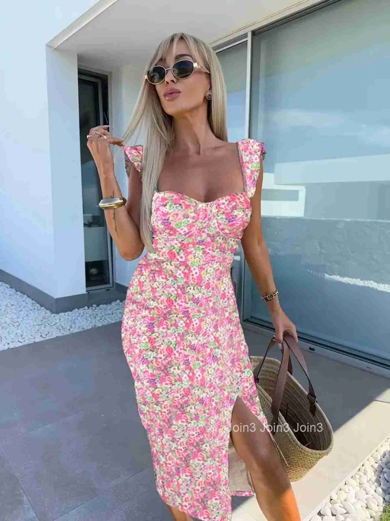 European and American summer new elegant design French flower suspender slit midi-length ladies dress
