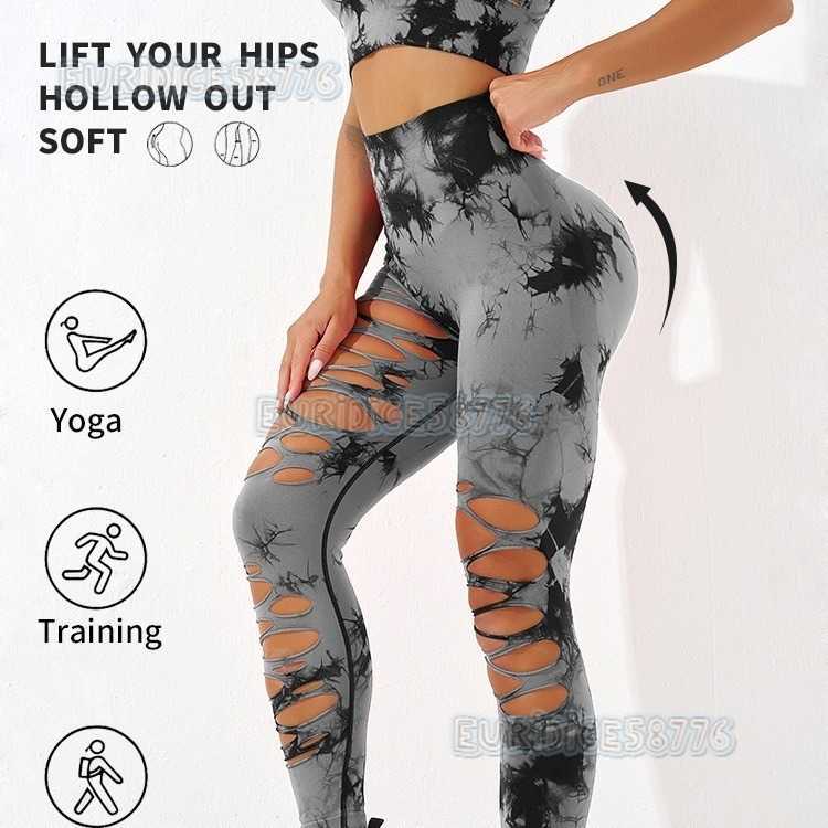 Seamless Tie-dye Ripped Yoga Pants Sexy Butt-lifting High-waist Hollow Sports Tight Yoga Leggings H250806