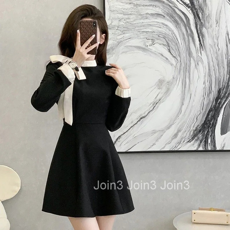 Hot Sale Women Chic Elegant Formal Occasion Mid-Length Dress Autumn Lady Korean Style Designer Bowknots Long Sleeves Dress