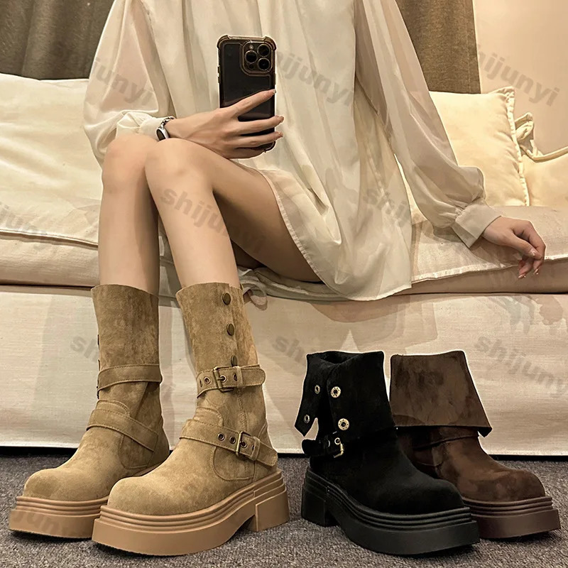 Women Chunky Western Cowboy Boots Fashion Platform Pleated Mid Calf Boots Spring Autumn Woman Vintage Mid-heel Comfort Boot 250805