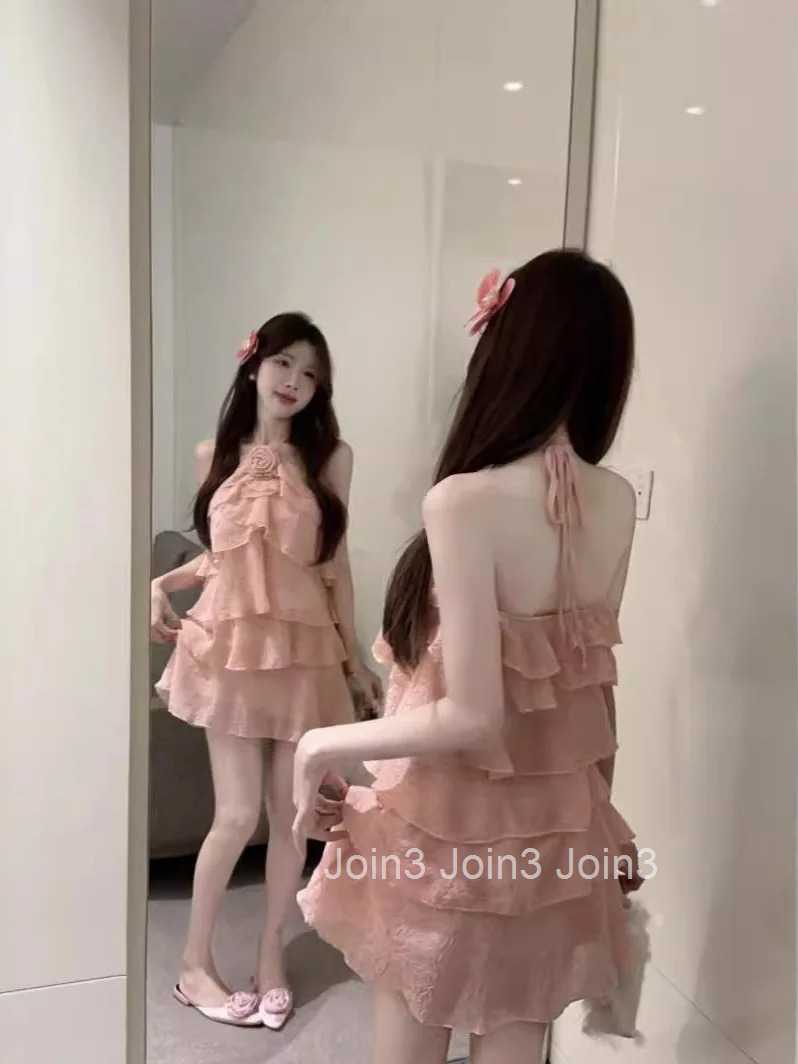 Pure Desire Ruffled Design Hanging Neck Dress Fashion Spicy Girl Backless Flower Multi-layer Dress Elegant Sweet Fashion 6YDL