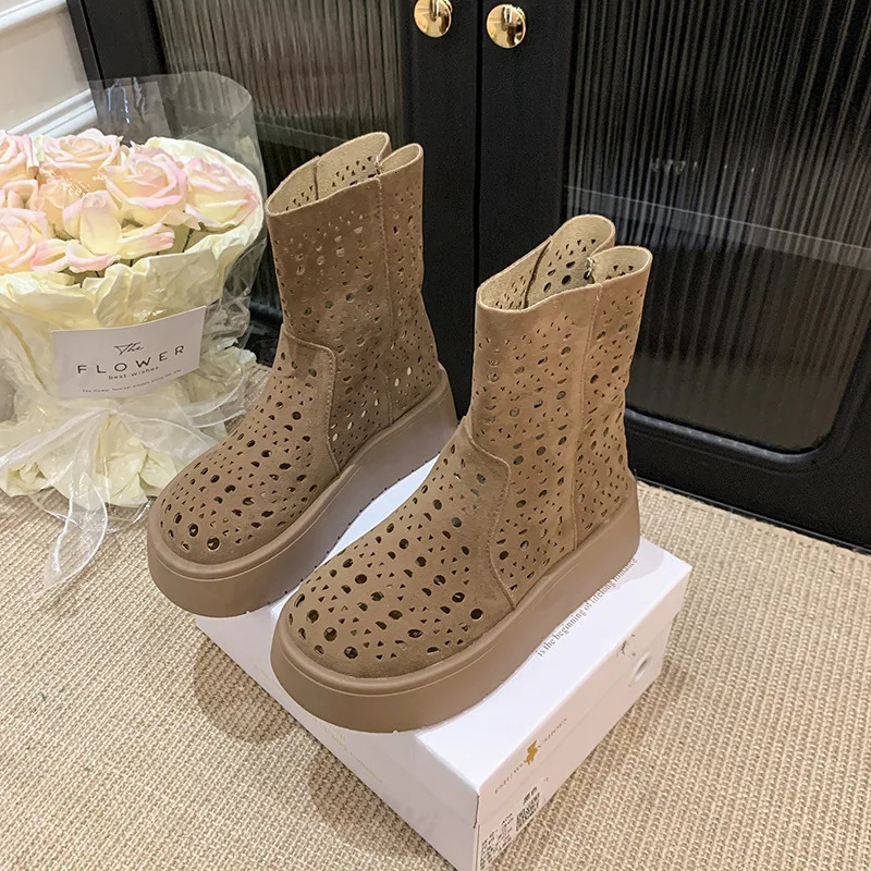 Women Short Boots 2025 Summer Suede Vintage Hollow Out Women Ankle Boots Anti-slip Fashion Breathable Platform Female Boots 250805