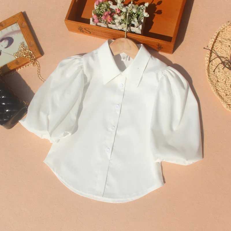 Korean Children Nine Point Sleeves White Blouses Toddler Girl Puff Sleeve Top Chiffon Summer Turn-down Collar Teen School Shirt X250806