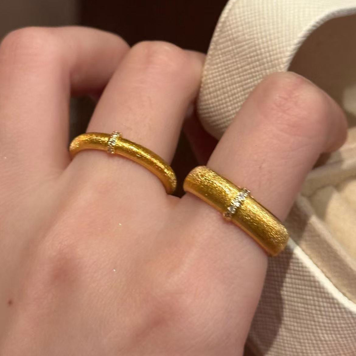 Hui Zhi Wing Jewelry Brushed Rings Handmade Micro Inlay S Silver Gold Plated Couple Stackable Wide Narrow Style