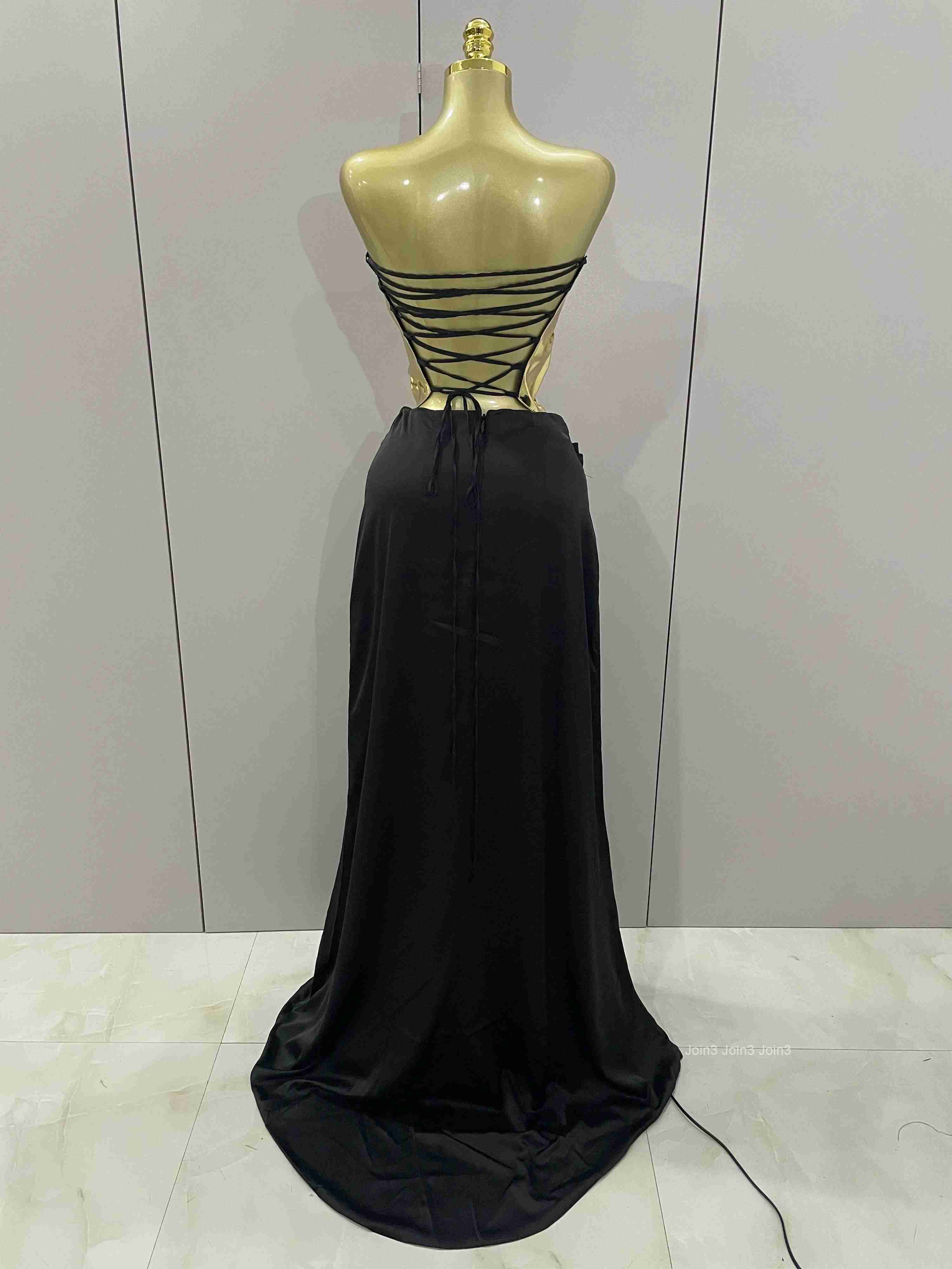 New Arrival Gold Color Sexy Laced-up Tops 2 Pieces Set Long Dress Women Celebrate Evening Party Celebrity Elegant Dress