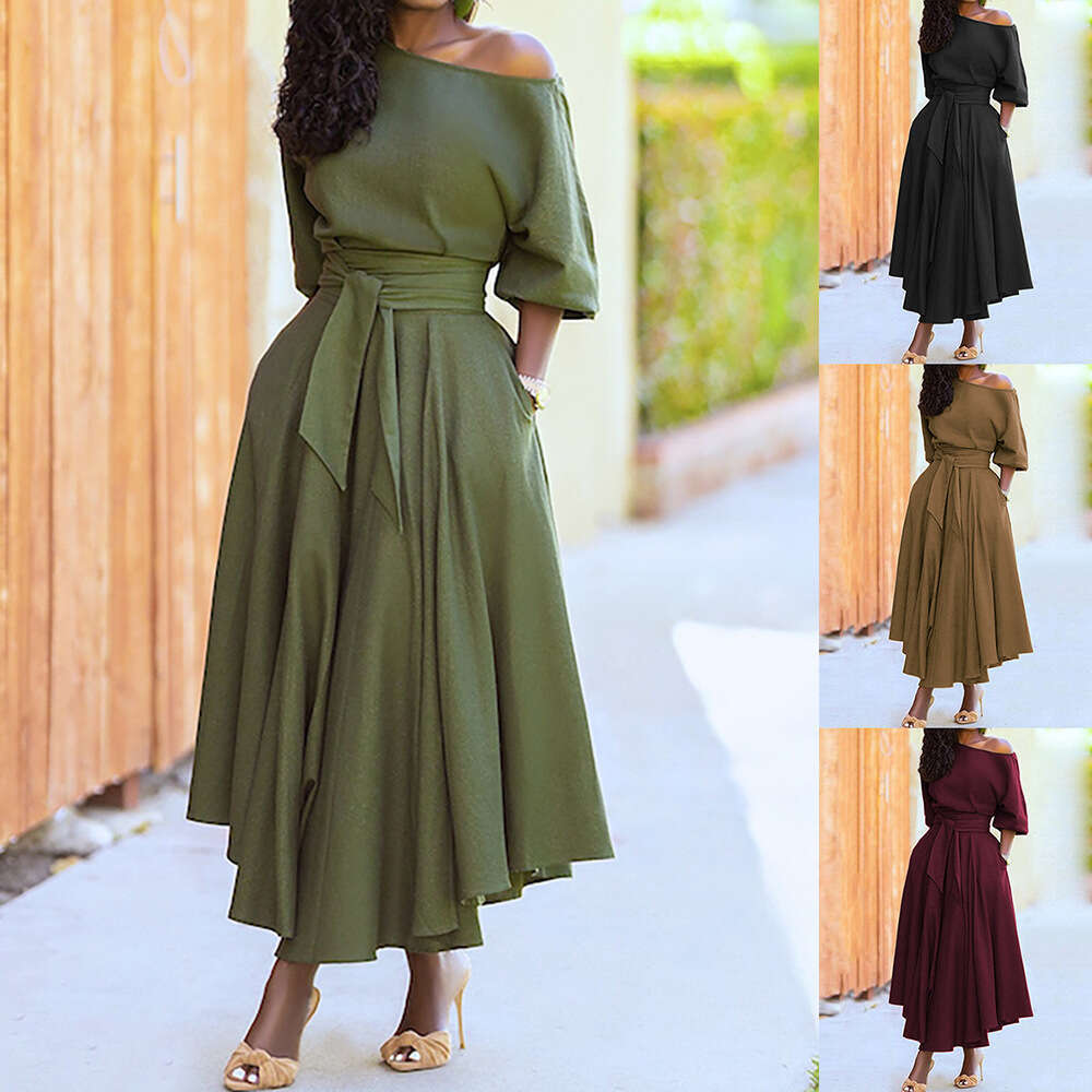 Women's Spring New Elegant Off-Shoulder Tie Waist Long Sleeve Solid Color Dress 661 B5