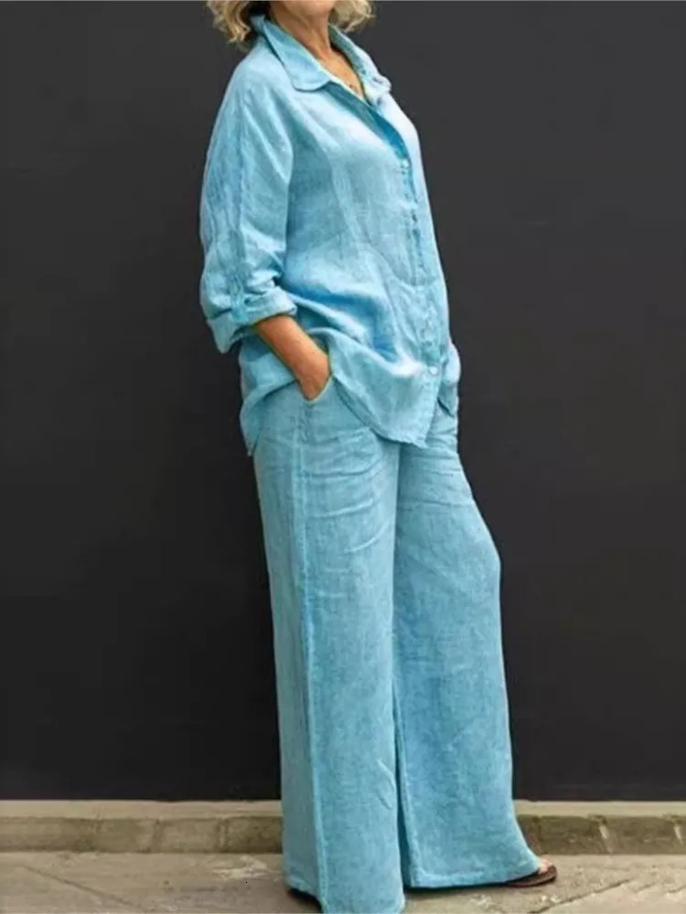 Solid Color Cotton Linen Shirt 2 Piece Set For Women Spring Autumn Long Sleeve Blouse Wide Leg Pants Suits Female Casual Outfits 250805