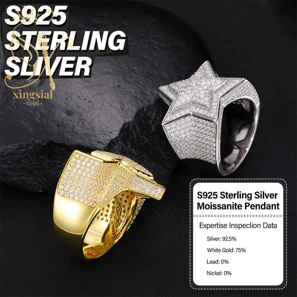 Xingsial Custom GRA Certificate Hip Hop Jewelry Star Ring 18K Gold Plated VVS Diamond Iced Out 925 Silver Moissanite Men Ring