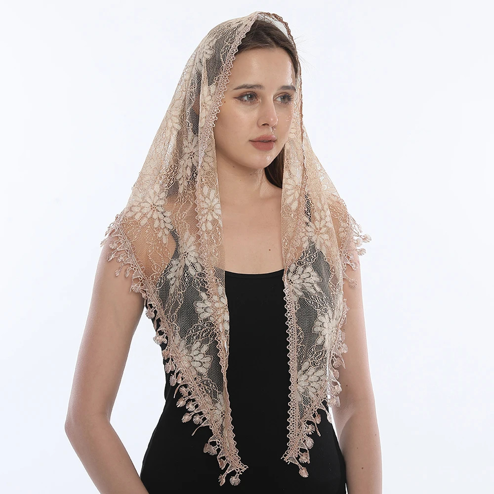 Fashion Church Shawl Lace Veil Polyester Scarf Bandana Church Prayer Wedding Mantilla Chapel White Embroidered Hijab Women Scarf 250806