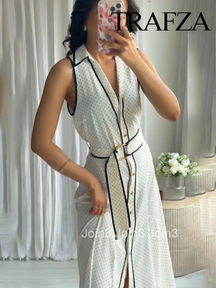 Woman Elegant Chic Sleeveless Single-breasted Midi Dress Summer Women Sexy White Polka Dot Shirt Style Chart Dress Mujer