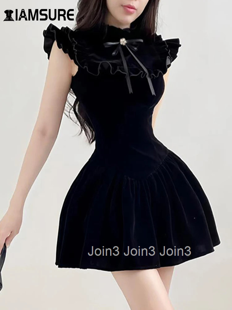 IAMSURE Elegant Fashion Velvet A-Line Dress Slim Solid Ruffles Sleeveless Mini Dresses For Women Autumn Winter Streetwear
