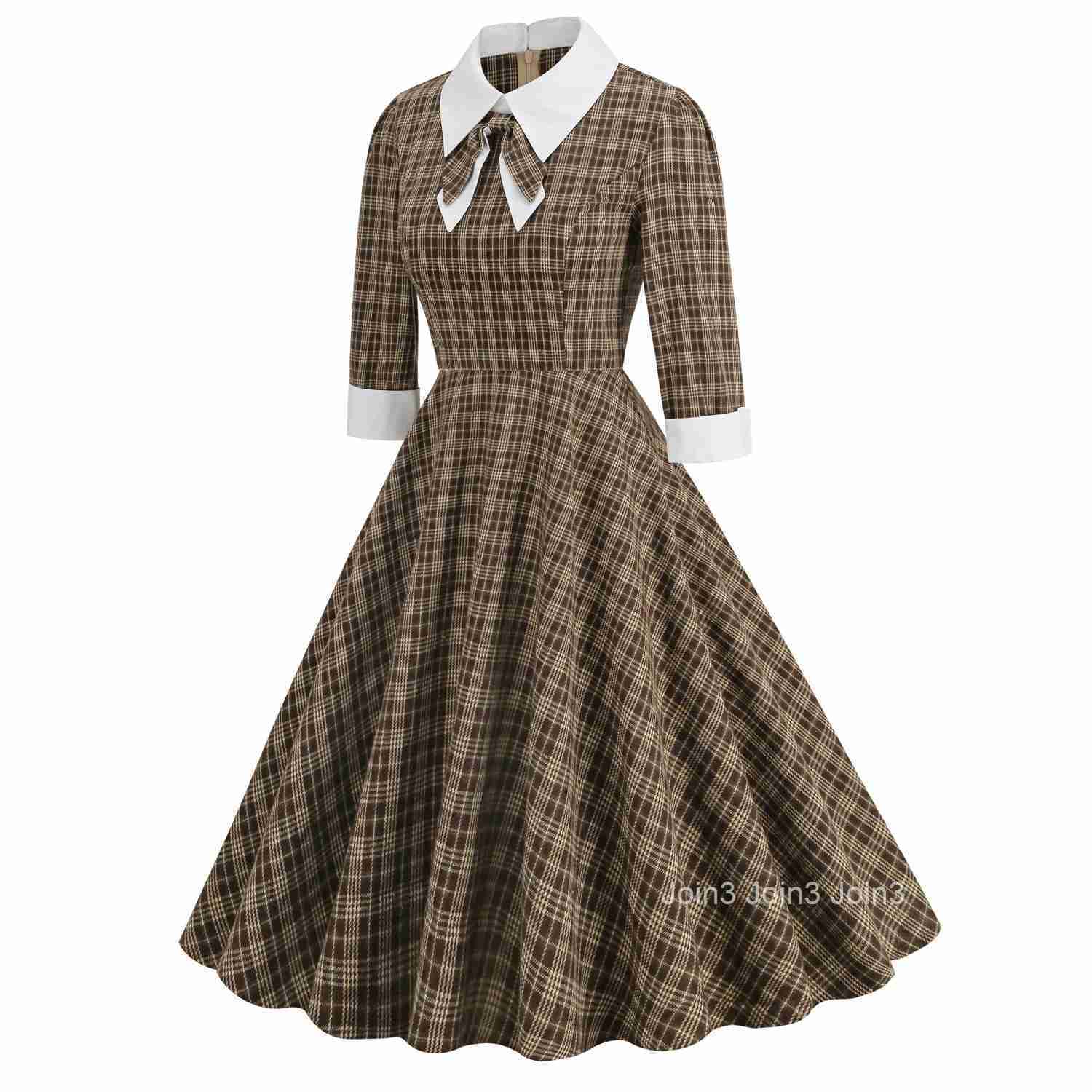 Women Vintage Plaid Dress With Bow Elegant Cocktail Party 1950s Swing Rockabilly Dress Audrey Hepburn Autumn Spring Dress
