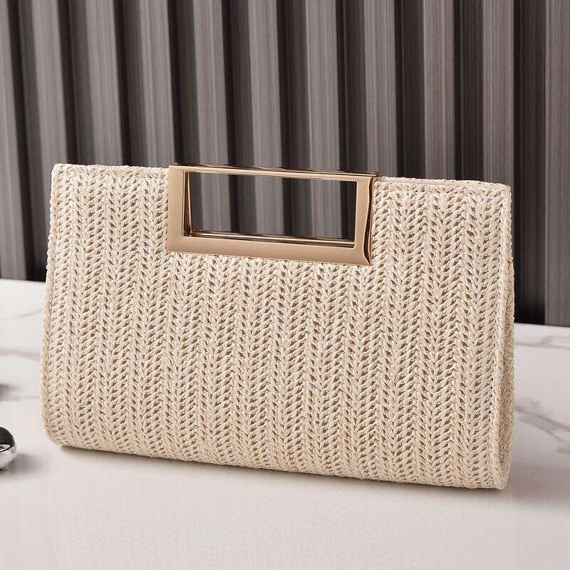 2025 New High-End Straw Woven With Square Buckle Hardware Clutch Simple Evening Solid Color Bag