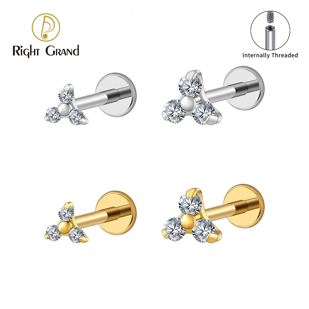 Right Grand ASTM 36 16G Triple CZ Cartilage Helix Earring CZ Tragus Stud Conch Earlobe Lip Piercing Jewelry 250805